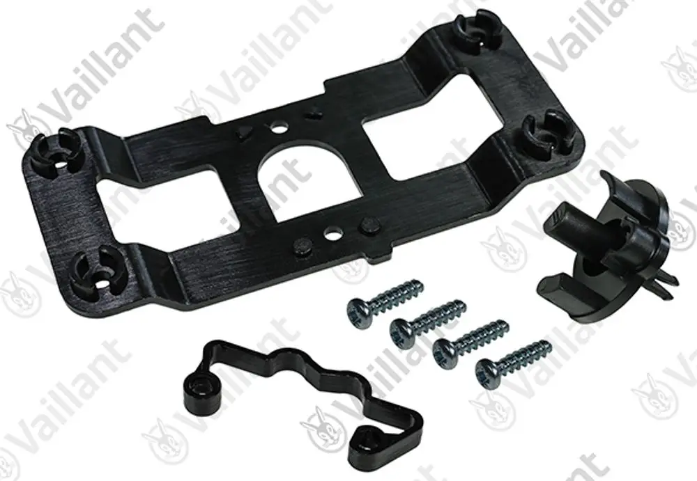 Vaillant Halter aus Kunststoff in Schwarz, bestehend aus einer Hauptplatte, einer Halterung und mehreren Schrauben zur Montage.